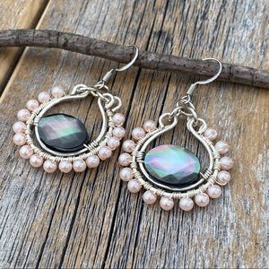 Light Pink Beaded Hoop Dangle Earrings with Shell